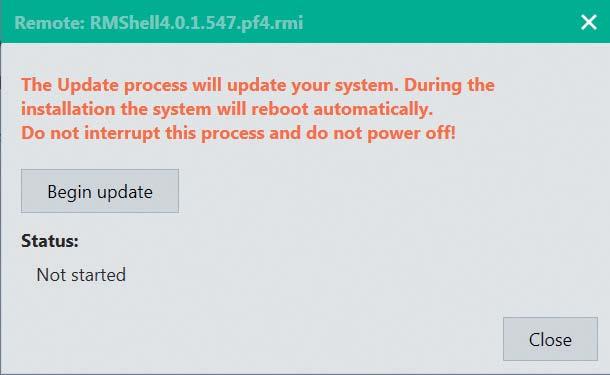 27 System settings: update Updating via Local Device You can update the VisuNet RM Shell by using a local device (USB pen drive) with the current update files. Updating via local device 1.