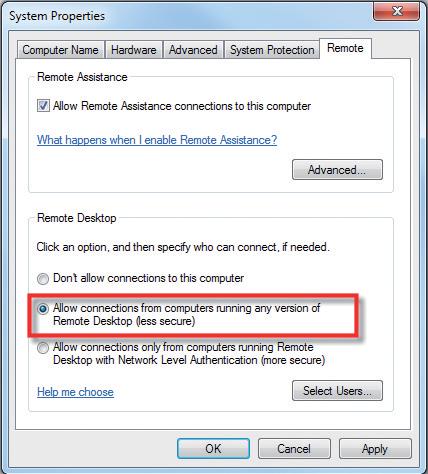 How-Tos The System properties dialog box opens. 3. Choose the option "Allow connections from computers running any version of Remote Desktop (less secure)." 4. Click "OK." 5.