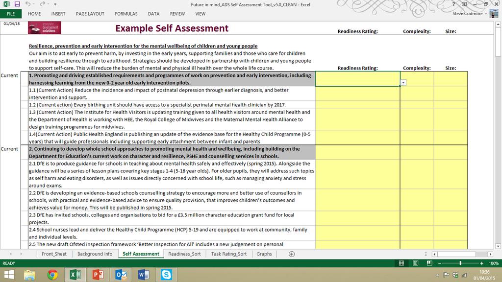 Self Assessment Overview 3. You are now on the Self Assessment sheet. This is the sheet where you will enter your readiness rating information.