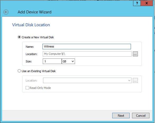 7. Specify the virtual disk location and size. Click Next. 8.