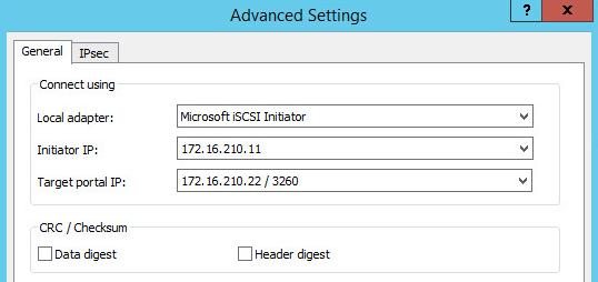 7. Select Microsoft iscsi Initiator in the Local adapter text field.