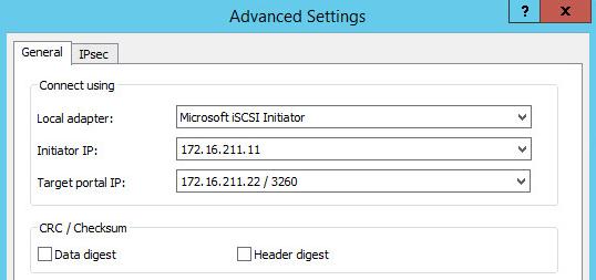 9. Enable checkbox as the image below. Click Advanced. 10. Select Microsoft iscsi Initiator in the Local adapter text field.