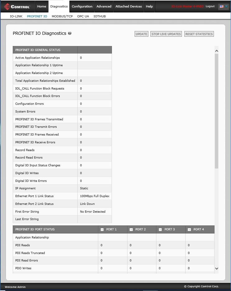 10.4. PROFINET IO Diagnostics Page The PROFINET IO Diagnostics page may be useful when trying to troubleshoot communications or port issues related to PROFINET IO configuration.