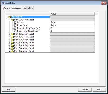 Auxiliary Input Parameters 3.7.2.2.1. STEP 7 V5.5 Use this procedure to set the auxiliary input parameters. 1. 2. Double-click the IO-Link Status module. Select the Parameters table.