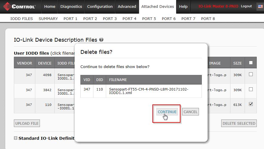Check the corresponding row of the IODD file that you want to delete. 3. Click the DELETE SELECTED button.