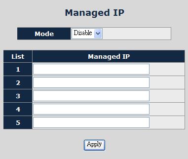 4.3.7 Managed IP The function allows setting 5 specific IP address to access the Industrial PoE Switch. As shown in Figure 4-18.