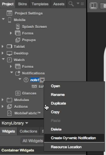 Kony Visualizer adds a new node for the dynamic notification form to your project,