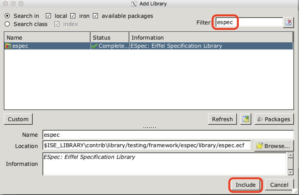 Adding the ESpec Library (3) Step 3: Search for espec and then include it.
