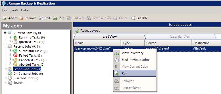 3.3 Perform a Test Backup To test vranger with the AltaVault appliance you can run a manual backup.