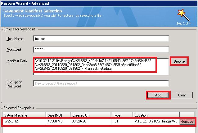 If you do not have access to the vranger database and you are restoring from a SavePoint manifest file, the system prompts you to point to the repository location