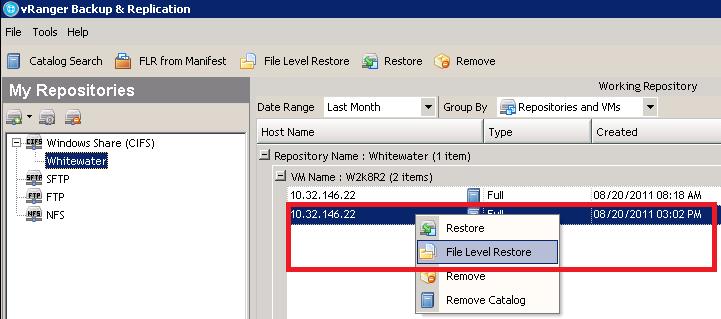 On the right pane, select the VM and backup version from which you wish to restore a file. Right-click and select File Level Restore. 2.