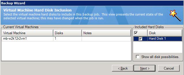 4. In the Virtual Machine Hard Disk Inclusion screen, select the disks to