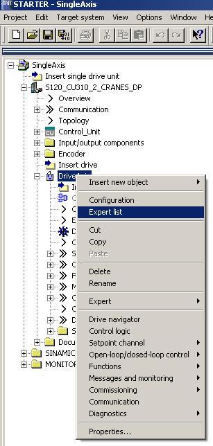 Step 6 - Parametrizing DBT Open the Expert list Simocrane Select DriveAxis with