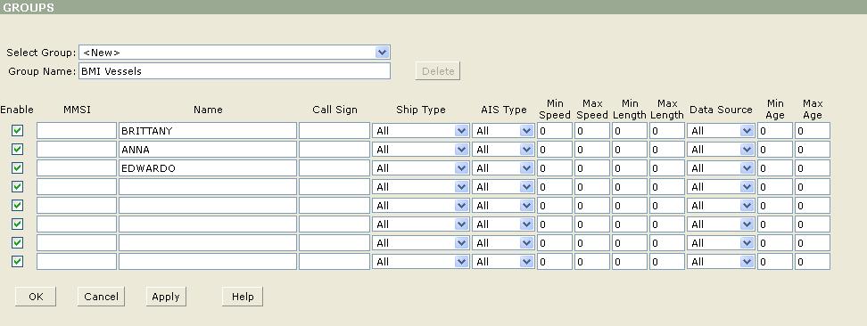 Create Groups 32 1. Select <New> and type in new group name 2. Fill out information as needed per vessel 3. Enter only one parameter: MMSI, Name or Call Sign per line 4.