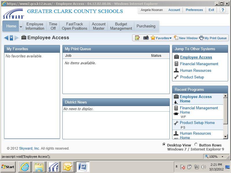 Below is the new Desktop View format for Skyward Employee Access. You can click on any system that is available to you.