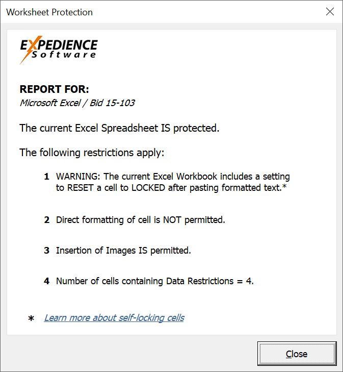 Inspecting Excel RFP Data Restrictions Excel Connect will inspect the active worksheet and provide a summary.