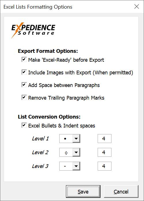 Formatting Content for Export to Excel Set Export Formatting Options To overcome the limitations of Excel formatting, Excel Connect offers several Excel formatting options: You may choose to have