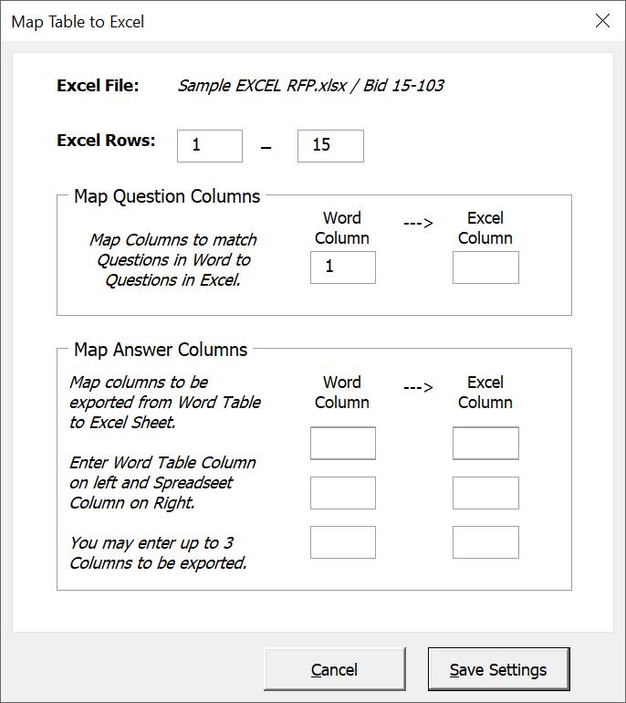 Export from Word to Excel Export from Word to Excel Mapping Word Table to Excel Spreadsheet The first time you use the Excel Connect Ribbon to inspect or export content to Excel you will be prompted