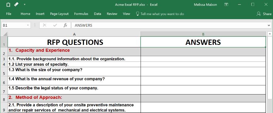 Responding to an Excel RFP in Word Linking to the Excel RFP To link to a sheet in an Excel RFP, Select the sheet or a portion of a sheet and copy to the clipboard.