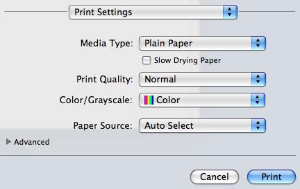 Tlač a faxovanie Print Settings (Nastavenia tlače) Môžete vybrať nastavenia Media Type (Typ média), Slow Drying Paper (Pomaly schnúci papier), Print Quality (Kvalita tlače), Color/Greyscale