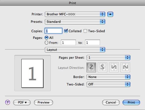 ControlCenter2 (Mac OS X 10.4.11) Ak chcete kopírovať, z rozbaľovacieho zoznamu vyberte možnosť Copies & Pages (Kópie a stránky). V rozbaľovacom zozname vyberte možnosť Send Fax (Odoslať fax).