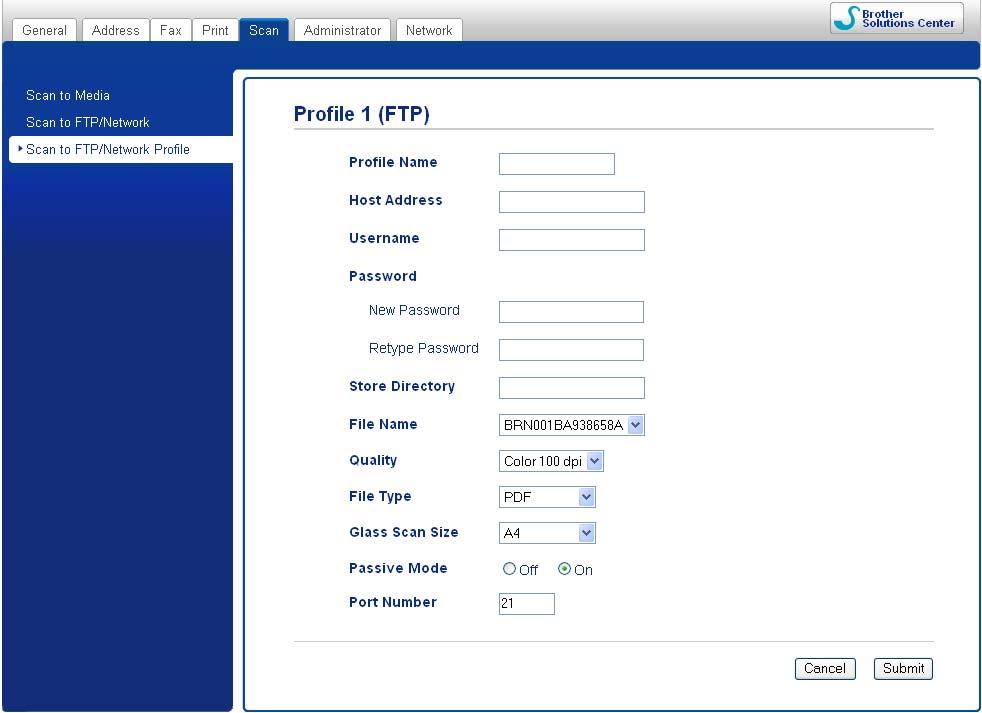 V aplikácii Web Based Management vyberte možnosť Scan to FTP/Network (Skenovať na FTP server/sieť).