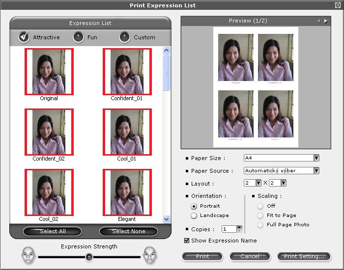 Tlač Zoznam tlačových výrazov Aplikácia FaceFilter Studio umožňuje upravovať výraz tváre použitím šablóny výrazu alebo ručnou úpravou.