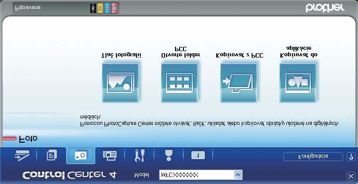 ControlCenter4 Karta Foto K dispozícii sú štyri funkcie: Tlač fotografií, Otvorte folder PCC, Kopírovať z PCC a Kopírovať do aplikácie. Táto časť stručne predstaví funkcie.