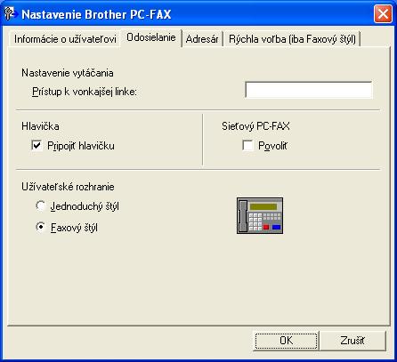Aplikácia Brother PC-FAX Nastavenie odosielania V dialógovom okne Nastavenie Brother PC-FAX vyberte kartu Odosielanie. Zobrazí sa nižšie uvedená obrazovka.