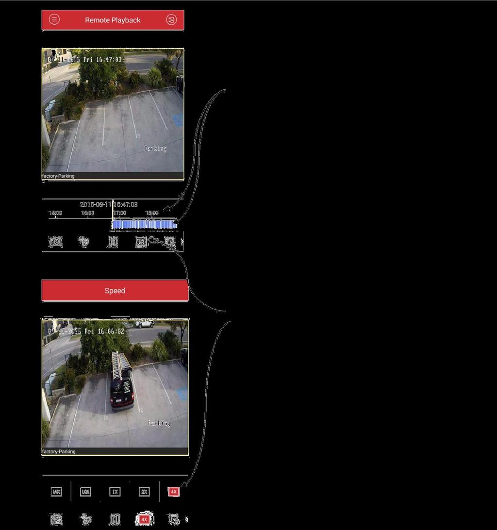 To make the image larger, double tap on the desired camera. On this screen you will then be able to select the desired time by holding and dragging your finger across the time frame.