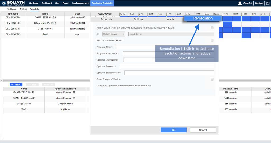 Remediation The Goliath Application Availability Monitor also includes an integrated remediation engine.