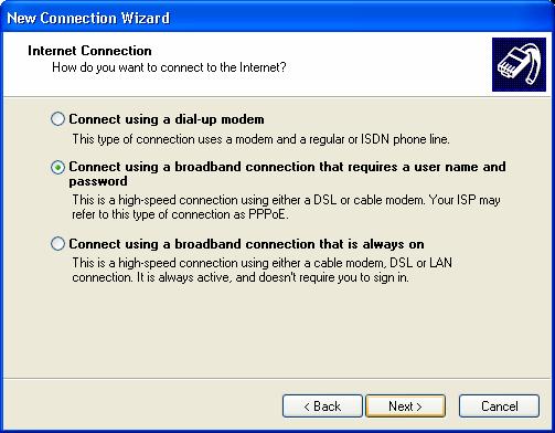 Windows XP PPPoE setup Click Connect using a