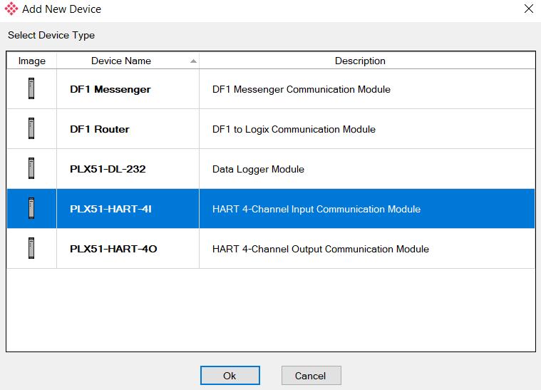 Setup In the Add New Device window, select the PLX51-HART-4I module and click the Ok button. Figure 3.