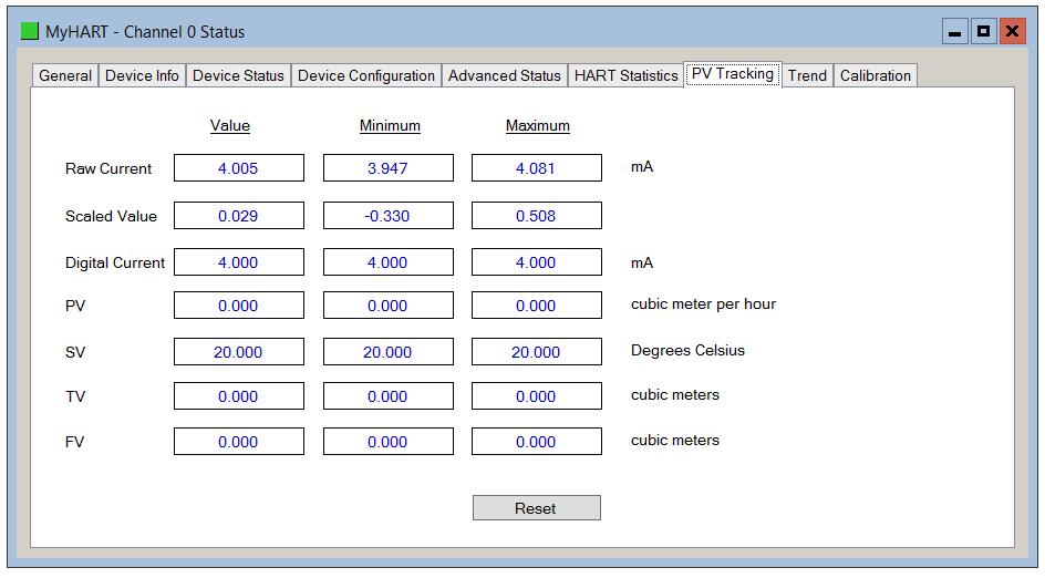 Diagnostics 5.3.7. PV TRACKING TAB The PV Tracking Status tab displays the current, minimum and maximum value of the common process variables.