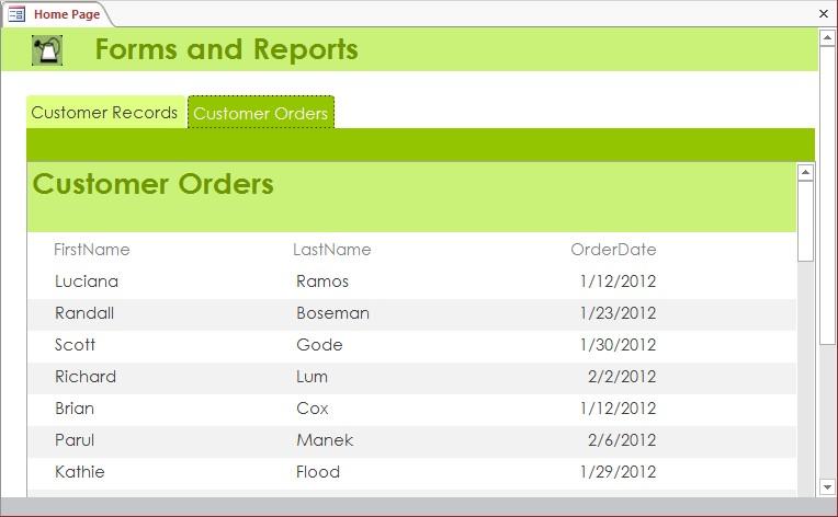 16 In the Reports group in the Navigation pane, drag Customer Orders to the first-level placeholder button to the right of Customer Records. Let s test the work we have done so far.