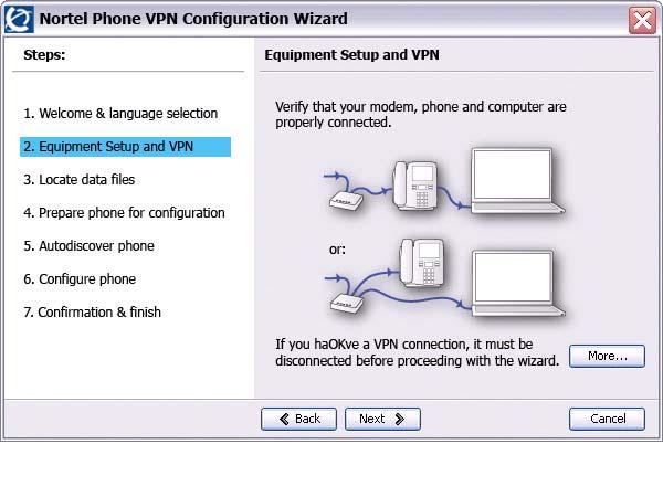 Virtual Private Network The Equipment Setup and VPN window appears, as shown in Figure 12. Figure 12: Equipment Setup and VPN window 6. Verify that the modem, IP Phone, and PC are connected properly.