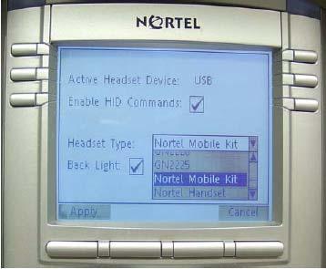 Configuring Local Menu options Note: You can select the Headset Type only for the Nortel USB Headset Adapters.