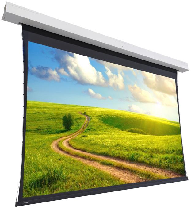 After mounting the projection screen is reachable thought the bottom of the casing. The screen fabrics are flame retardant and seamless in the viewing area.