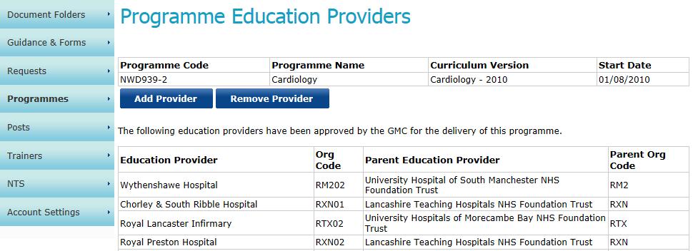 On the Programmes page, find the programme you want to add locations to and then click the View Education Providers hyperlink on the
