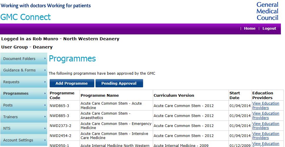3. How to add a new programme Log into GMC Connect and select the Programmes tab on the left hand