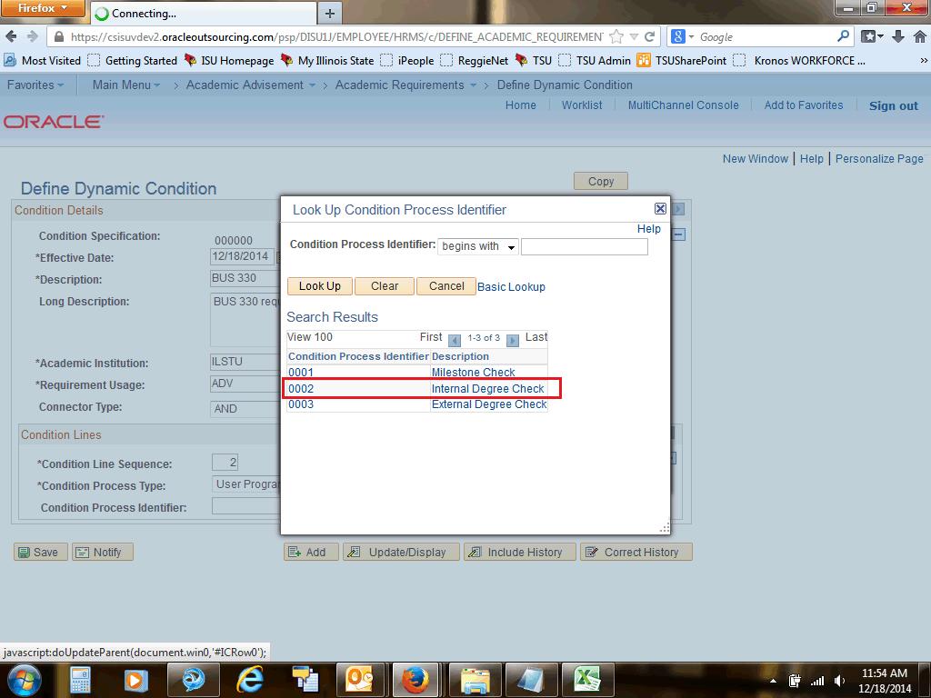 18. Select a Condition Process Identifier from the