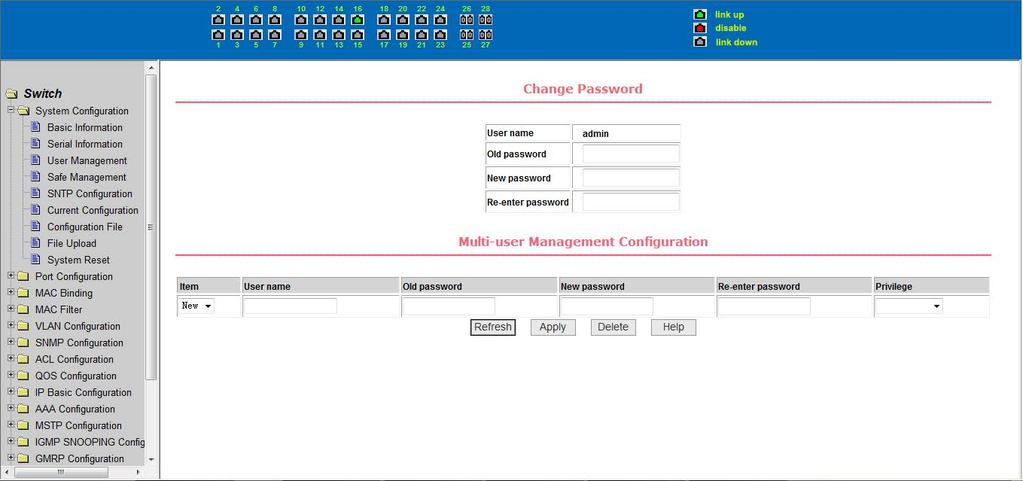 More user management by giving each user a username, password, and privileges to ensure system security. The switch supports two levels of users: common users and power users.