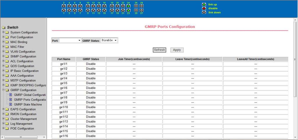 5.13.2 GMRP Port Configuration Displays and configures port GMRP enable status. 5.13.3 GMRP Stats