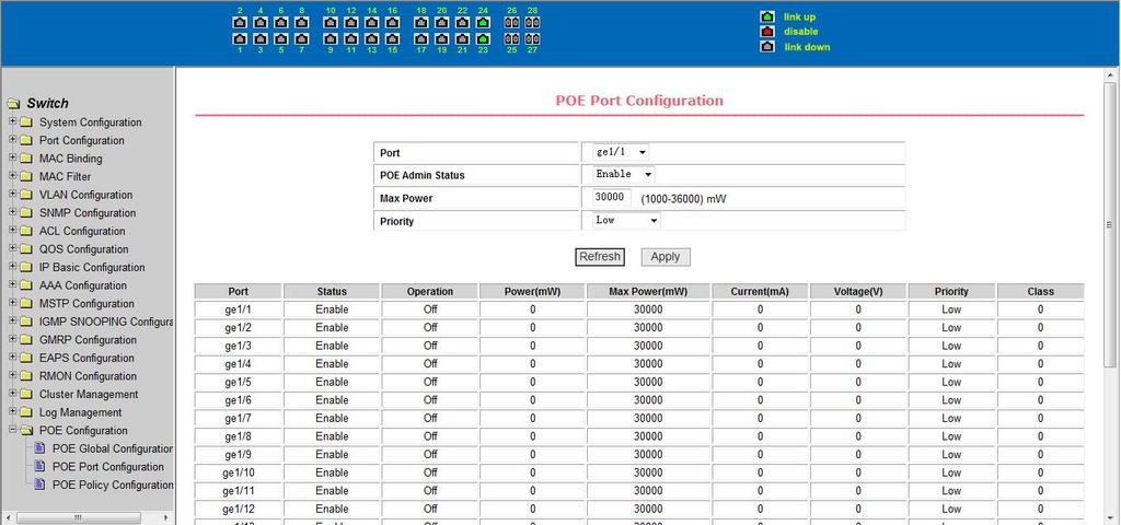 5.19.3 POE Schedule configuration Configure port POE scheduling function, choose to schedule the PoE ports, enable