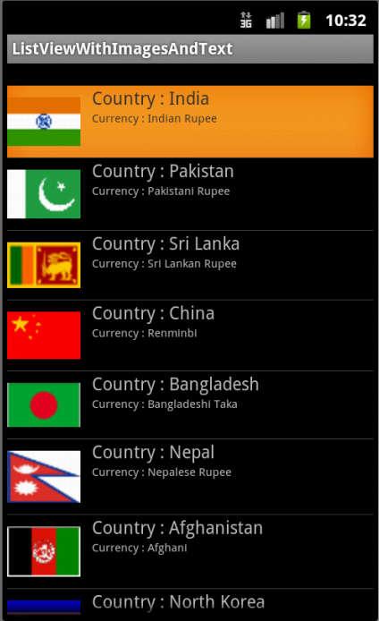 Create an Android project to display a set of countries with the flag and its currency as indicated in the image