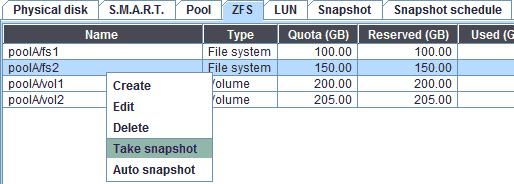 1. In ZFS tab, select a file system or volume you want to take snapshot.