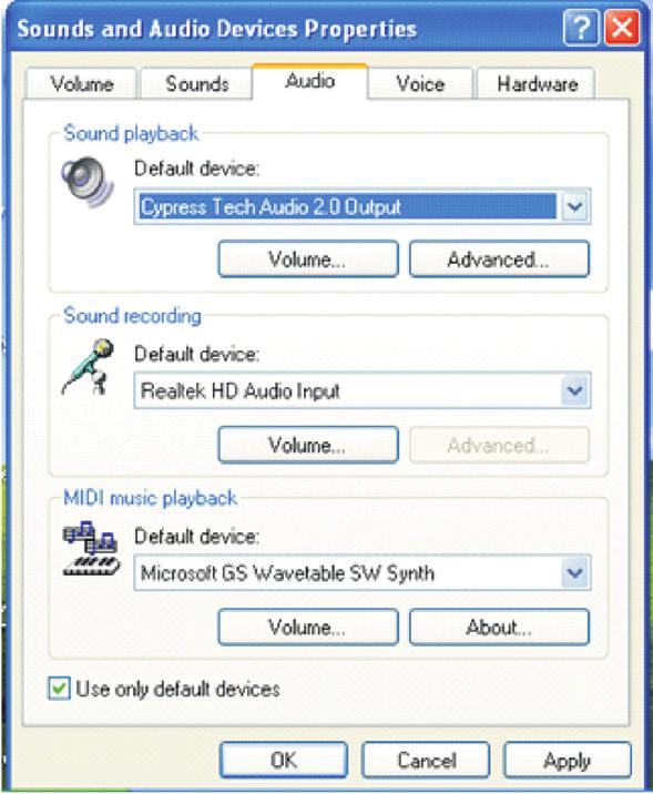 Select Audio and choose Cypress Tech Audio 2.0 Output from the Sound playback s Default device.