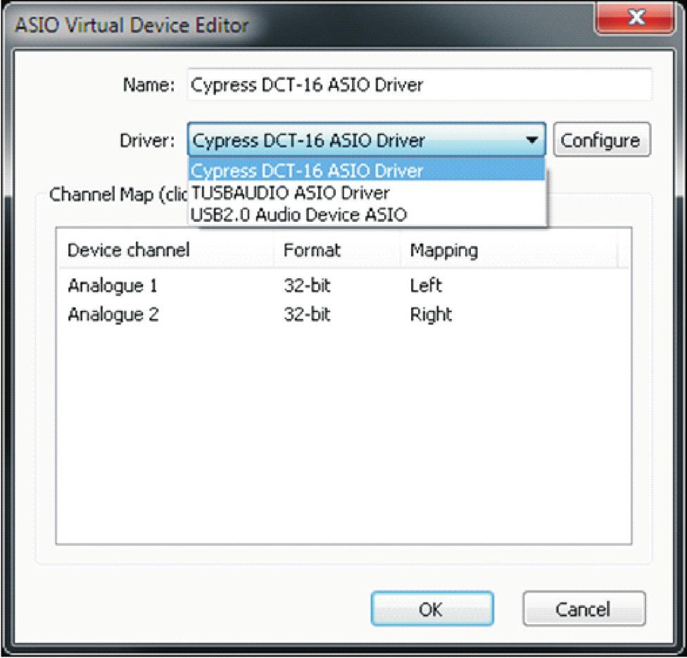 9. Click on the arrow of Driver and select Cypress DCT-16 ASIO Driver.