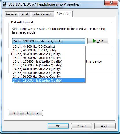 (5) Click 'Advanced' tab and select Sampling Rate/bit rate correspond to property of music files you like at 'Default Format' box.