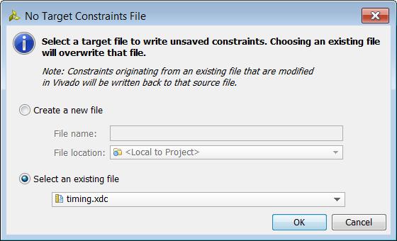 Step 5: Saving Constraints 1. Click the Save Constraints icon. The No Target Constraints File dialog box opens. This is because, although the timing.